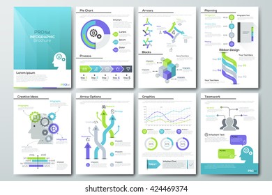 Data visualization brochures and infographic business templates. Use in website, corporate design, advertising and marketing. Pie charts, line, bar graphs and timelines.