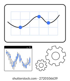 Visualización de datos, crecimiento del negocio, herramientas de análisis, optimización de procesos, estrategia técnica, mejora del flujo de trabajo. Gráfico de líneas, gráfico de barras y progreso de engranajes. Visualización de datos y crecimiento del negocio