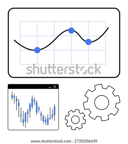 Data visualization, business growth, analytics tools, process optimization, technical strategy, workflow improvement. Line chart, bar graph and gears progress. Data visualization and business growth