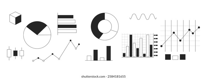 Data visualization charts black and white 2D line objects set. Piechart, bar graphs, scatter plots. Analysis diagrams isolated clip arts vector outline items collection. Monochrome spot illustrations