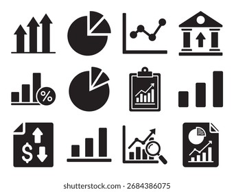 Visualização de dados gráficos ícone de glifo sólido conjunto para elementos infográficos mostrando vários gráficos para relatórios de análise de negócios e informações financeiras