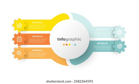 Data Visualization Concept. Creative infographic design with 5 step or options. Ideal for illustrating workflows, business strategies, or project timelines.