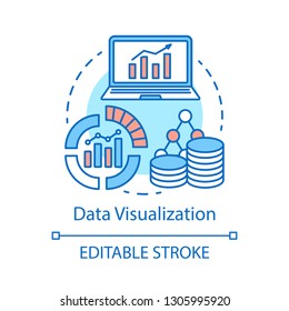 Data visualization concept icon. Web metrics and analytics idea thin line illustration. Big data. Statistics. Charts, graphs. Business marketing. Vector isolated outline drawing. Editable stroke