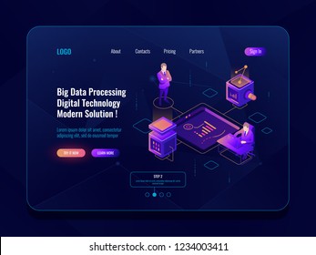 Data visualization concept isometric banner, data analysis, datacenter, dark neon vector