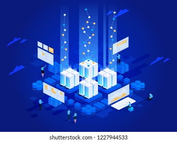 Data visualization concept. People interacting with charts and analyzing statistics. 3d isometric vector illustration.