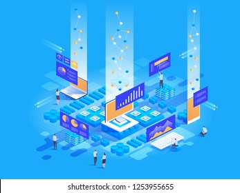 Data visualization concept. People interacting with charts and analyzing statistics. 3d isometric vector illustration.