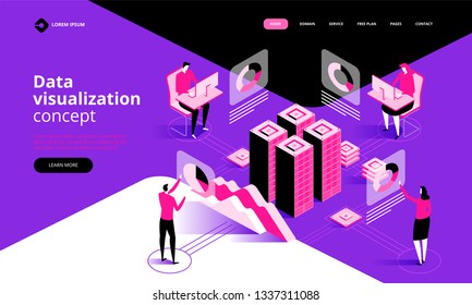 Data visualization concept. People in the team analyze diagrams and graphics. 3d isometric vector illustration.