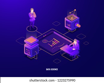 Data visualization concept, people teamwork isometric icon, cooperations, server room, programming and data processing, cloud storage, dark neon vector