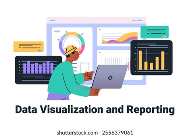 Data visualization concept with person analyzing graphs charts and laptop colorful dashboard elements modern design template