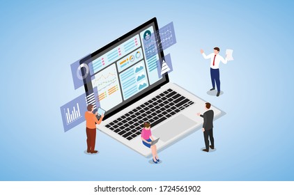 Data Visualization Concept With Some Graph And Chart Analysis With Team People And Modern Isometric Flat Style