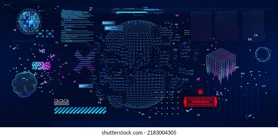 Data visualization and data distribution, information processing and stream classification. Internet connection in dot and pixel illustration with code elements and HUD interface. Cyber shapes. Vector