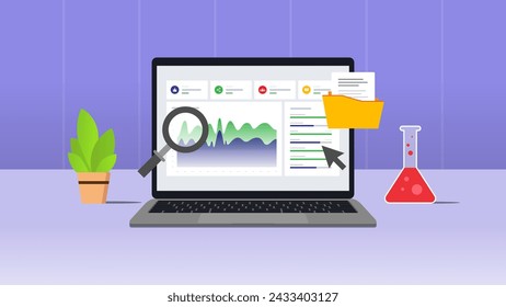 Visualización de datos de la investigación de mercado de comercio electrónico en portátiles. Ilustración vectorial con fondo púrpura