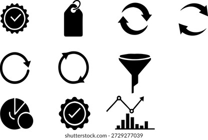 Conjunto de iconos de visualización de datos y comercio electrónico con etiquetas de Precio Filtrar embudos gráficos circulares y gráficos Ilustración vectorial de silueta