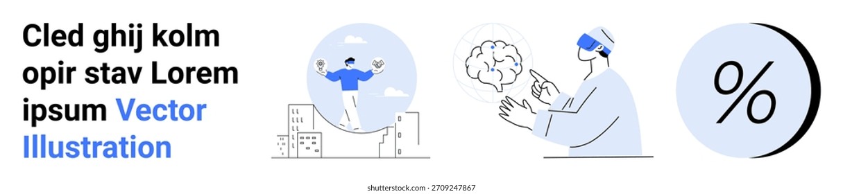 Data visualization, education, digital transformation, creativity, balance, analysis. Person balancing on a city backdrop, brain interaction and a large percentage symbol. Data visualization