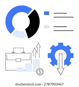 Data visualization, financial management, business analytics, investment growth, process efficiency, economic decisions. Chart, gear statistics. Data visualization financial management conceptual