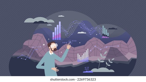 Data visualization with futuristic or responsive diagrams tiny person concept. Modern scheme representation with AR technology vector illustration. Information report and info statistics analyzing.