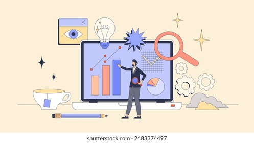 Data visualization with graphs and diagrams tiny person neubrutalism concept. Information representation with visual charts for easy analytics and research vector illustration. Digital dashboard.