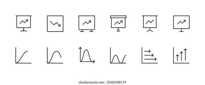 Coleção de ícones de visualização de dados. Conjunto de ícones de estatísticas. Visão, gráfico, diagrama, apresentação, análise de dados, relatório financeiro, monitoramento e muito mais. Traçado editável. Pixel perfeito. Grade de 32px.