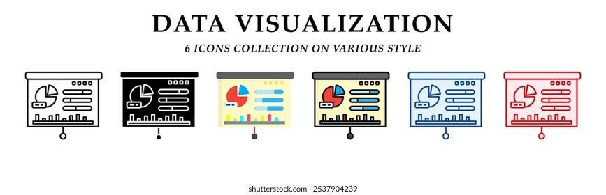 Data visualization icons collection. 6 Various styles. Lineal, solid, flat and lineal color icon. For sign, symbol, presentation, element, infographic or web graphics. Vector Illustration.