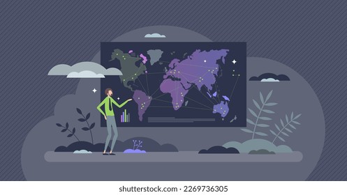 Data visualization or information on global worldwide map tiny person concept. Visual demographic info scheme, international trade flows and statistic research representation vector illustration.