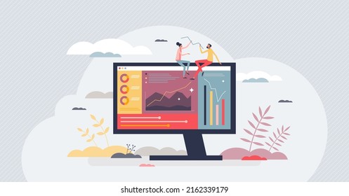 Data visualization and information presentation graphic tiny person concept. Visual representation with company results diagram, pie charts and analytic bars vector illustration. Database dashboard.