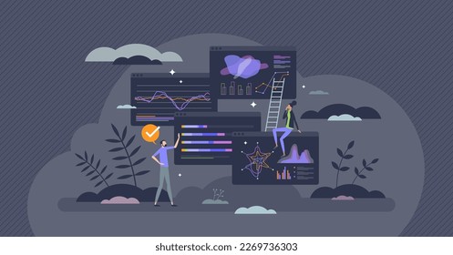 Visualización de datos y representación de la información gráfica concepto de persona diminuta. Diagrama informativo y esquemático para informes financieros o ilustración vectorial de presentación. Porcentaje de imágenes de escala.