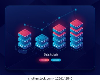 Data visualization isometric cion, information graphic chart, progress bar, arrow up, data analysis and statistic dark neon vector