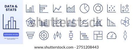 Data visualization line icon set. Bar chart, pie, radar, funnel minimal vector illustrations. Simple outline signs for analytics and infographics. Blue duotone color. Editable Stroke.