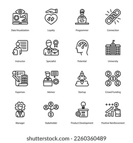 Data Visualization, Loyalty, Programmer, Connection, Instructor, Specialist, Potential, University, Expenses, Advisor, Startup, Crowd Funding, Product Development, Outline Icons - Stroked, Vectors