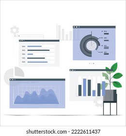 Data Visualization. Man and Woman Analyzing Tables, Charts and Graphs at Business Dashboard. Digital Data Analysis Concept. Flat Isometric Vector Illustration. Network mainframe infrastructure website