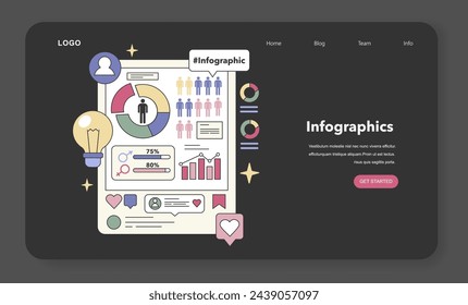 Conjunto de visualización de datos. Transmisión de información mediante gráficos estadísticos, gráficos y elementos interactivos. Simplificación de datos complejos. Ilustración vectorial plana.