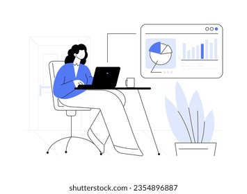 Data visualization software abstract concept vector illustration. Woman creates diagrams and maps with data visualization program, organization charts, IT technology abstract metaphor.