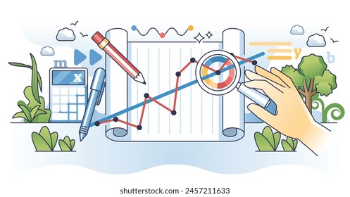 Data visualization tools and statistic information research outline concept. Analyzing presentation with financial charts, graphs and line diagrams for economical forecasting vector illustration.