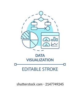 Data Visualization Turquoise Concept Icon. Business Intelligence Implementation Abstract Idea Thin Line Illustration. Isolated Outline Drawing. Editable Stroke. Arial, Myriad Pro-Bold Fonts Used