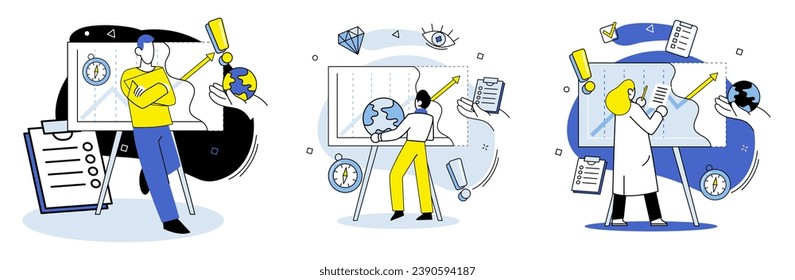 Datenvisualisierung, Vektorgrafik. Die Datenvisualisierungsmetapher vergleicht die Datenanalyse mit der Erstellung visueller Meisterstück-Strategie-Formulierung, die die Entwicklung von Planmaßnahmen zur Erreichung von Geschäftszielen beinhaltet