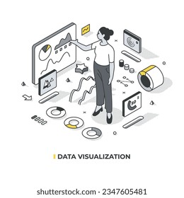 Concepto isométrico vectorial de visualización de datos. Mujer presentando algunos datos representados en formato comprensible en gráficos, gráficos, infografías