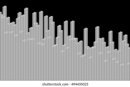 Data visualization. Volumetric wireframe column bar chart, histogram. Random stage heights. Grey fill, white stroke, black background. 3D visual representation of technological information.