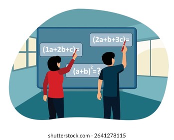 Data visualizations on interactive whiteboard. Two Students collaborate to solve algebraic equations on a whiteboard during a math lesson in school.