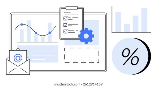 Data visualizations and tools including graphs on a tablet, pie chart, envelope with email symbol, and checklist. Ideal for business analytics, project management, data reporting, office tools