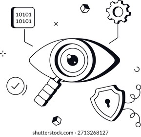 Evaluación de vulnerabilidad de datos con pantalla de lupa y Ilustración vectorial plana isométrica de código binario