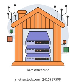 Data warehouse. Centralized data storage systems with advanced connectivity. Organizational data consolidation for optimized analysis. Flat vector illustration.