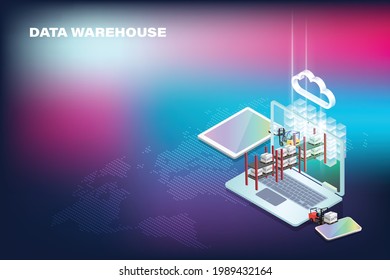 Data warehouse concept is represented by forklift truck that transport data on pallet to cloud server warehouse rack on abstract world map against gradient background Vector 3D rendering