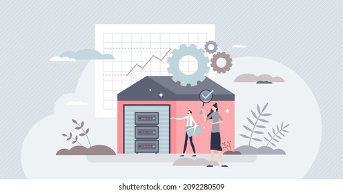 Data warehouse with file server storage for big database tiny person concept. Large collection of backup information and hosting services vector illustration. IT rack infrastructure with tech hardware