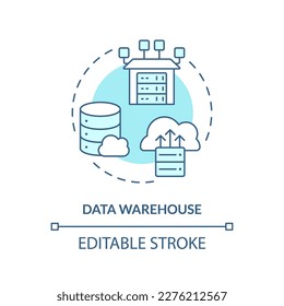 Data warehouse turquoise concept icon. Online storage. Analytics. Data repository abstract idea thin line illustration. Isolated outline drawing. Editable stroke. Arial, Myriad Pro-Bold fonts used