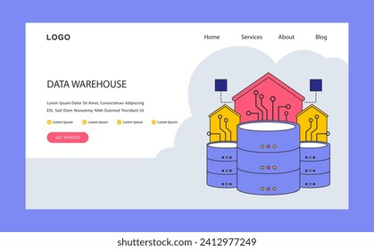Data warehouse web or landing. Centralized data storage systems with advanced connectivity. Organizational data consolidation for optimized analysis. Flat vector illustration.