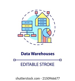 Data warehouses concept icon. Information systems major type abstract idea thin line illustration. Collection, management. Isolated outline drawing. Editable stroke. Arial, Myriad Pro-Bold fonts used