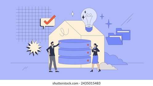 Almacenamiento de datos y recopilación de archivos en servidores concepto de persona retro diminuta. Base de datos y sistema completos para el análisis de datos estructurados y la presentación de informes de ilustración vectorial. Herramienta de almacenamiento de información.