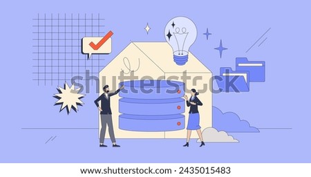 Data warehousing and file collection in servers retro tiny person concept. Comprehensive database and system for structured data analysis and reporting vector illustration. Information storage tool.
