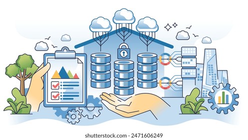 El almacenamiento de datos y la gestión del almacenamiento de información esbozan el concepto de manos. Cargar de bases de datos de archivos seguro en la Ilustración vectorial de servidores en la nube. Hosting con ciberinfraestructura como servicio.