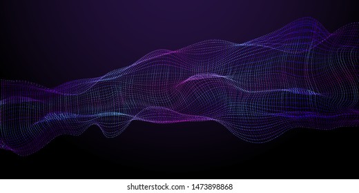 Data wave abstact vector dark blue background. Technology composition. Blockchain network analysis. Blue and purple particles wave surface on black background. Abstract 3D technology or science banner